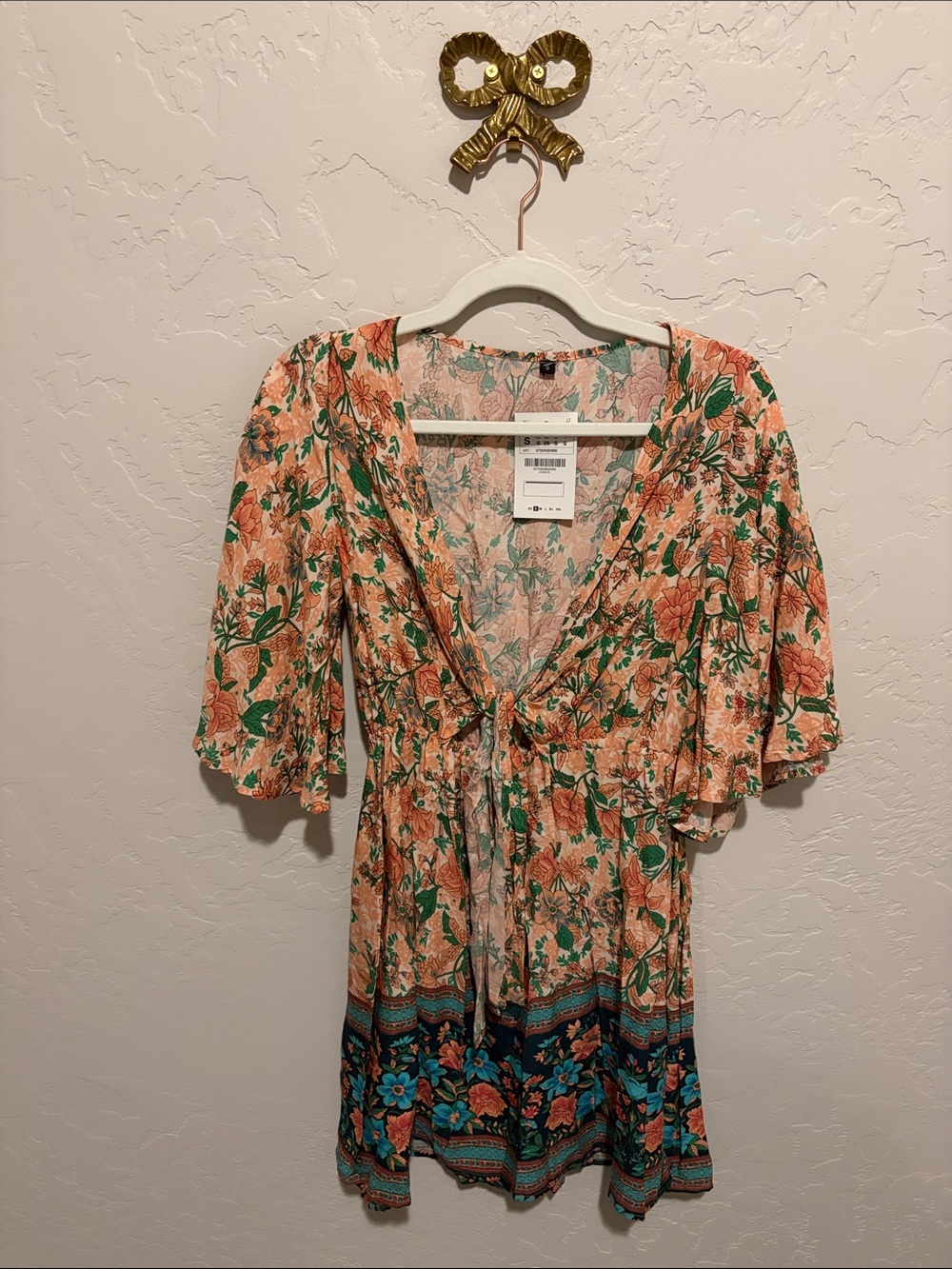 Zara Peach Floral Tie-Front Tunic with Teal Border